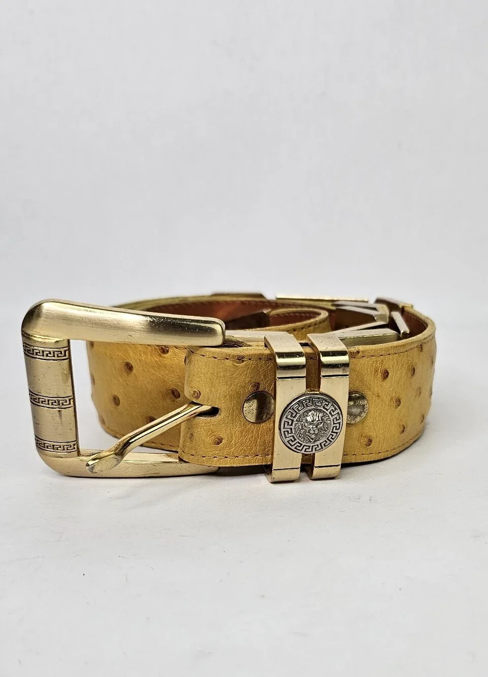 Yellow Gold Ostrich Medallion Leather Belt 40